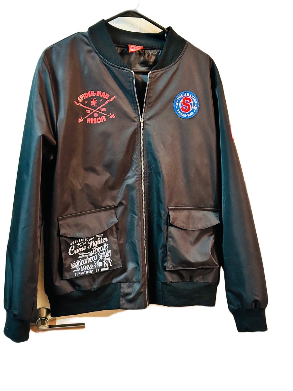MARVEL Black Bomber Jacket with Red Spider-Man Patch Accents - Men. SZ MED. EC